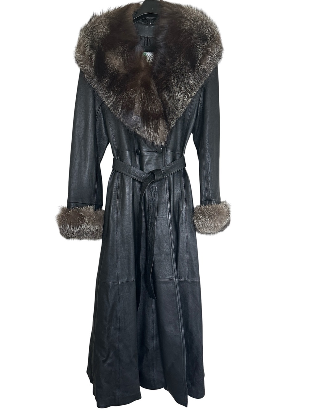 Vintage Boutique KALE Black Genuine Leather Trench Coat Silver Fox Fur Trim